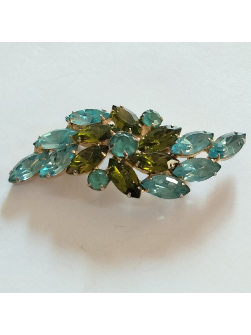 Blue Green Rhinestone Leaf Brooch Elegant Fruit Salad Vintage MCM Glam